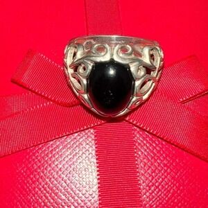 Vintage 1970s Sterling Silver .925 Black Onyx Filigree Heart Ring